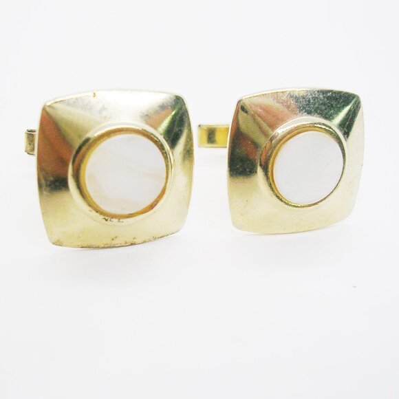 Vintage Cuff Links Mother of Pearl 18 Karat gold plate Suit Accessory - Picture 1 of 3